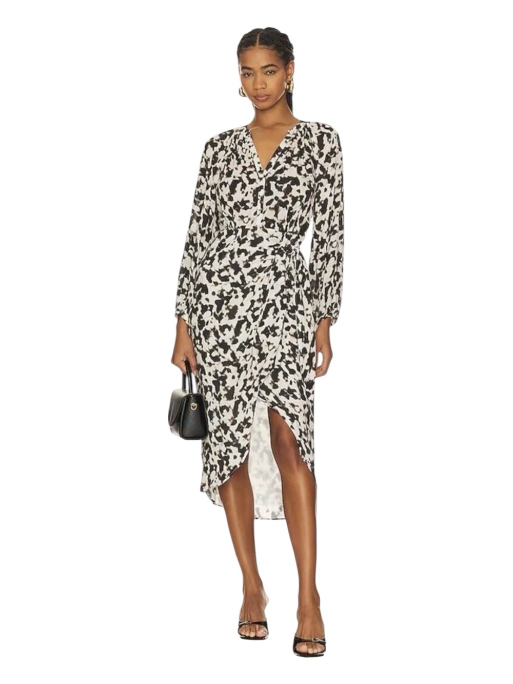 Rails Tyra Faux Wrap Midi Dress, Long Sleeve, V-Neck, Blurred Cheetah Print, XS